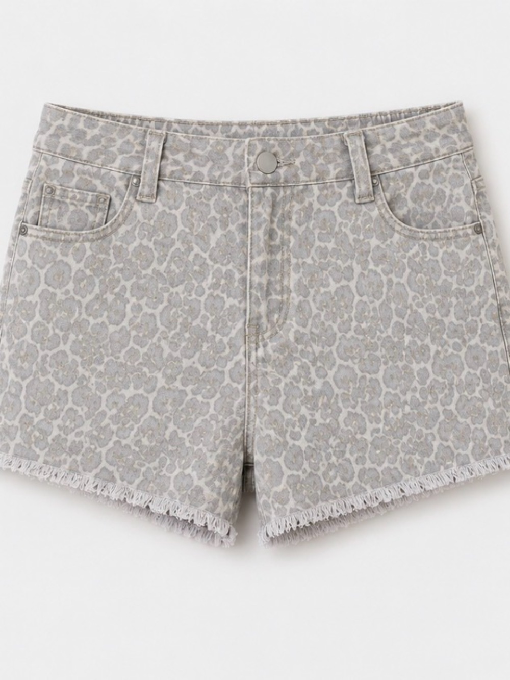 Women’s Light Gray Leopard-Print Denim Shorts Size 10